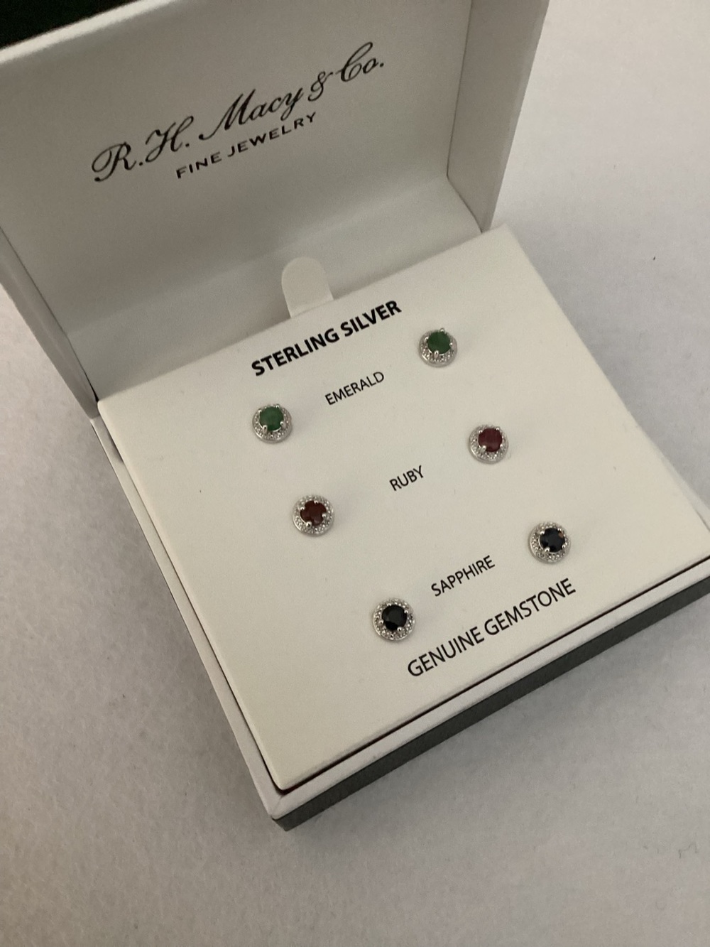 R.H. Macys Sterling Silver Emerald, Ruby, Sapphire CZ Halo Stud Earrings Set